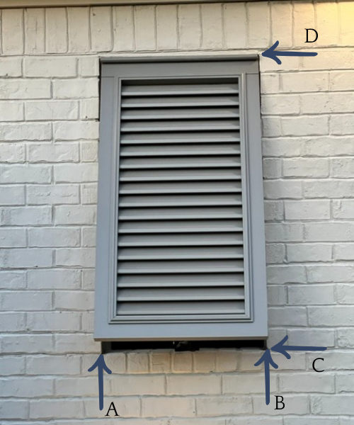 Bahama Shutter measurement guide showing the labeled measurement points on an example window. 
